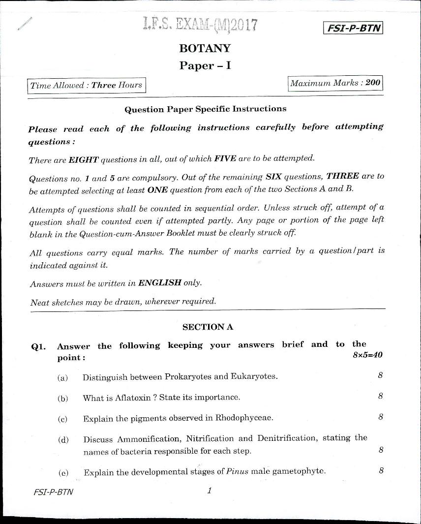 UPSC IFS 2017 Question Paper for Botany Paper-I - Page 1