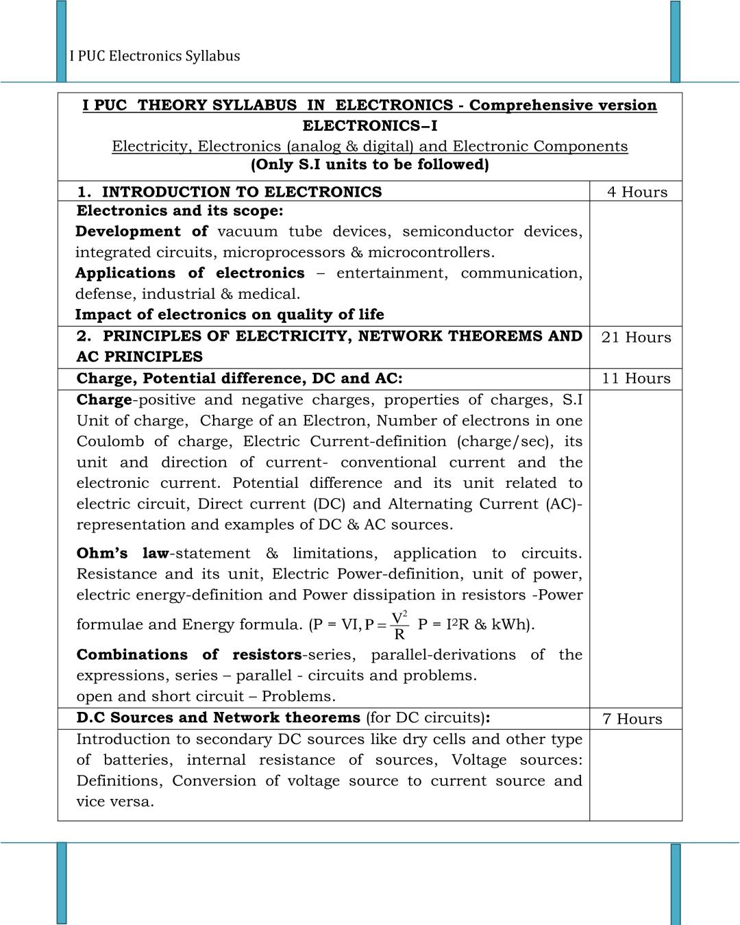 1st PUC Syllabus for Electronics - Page 1