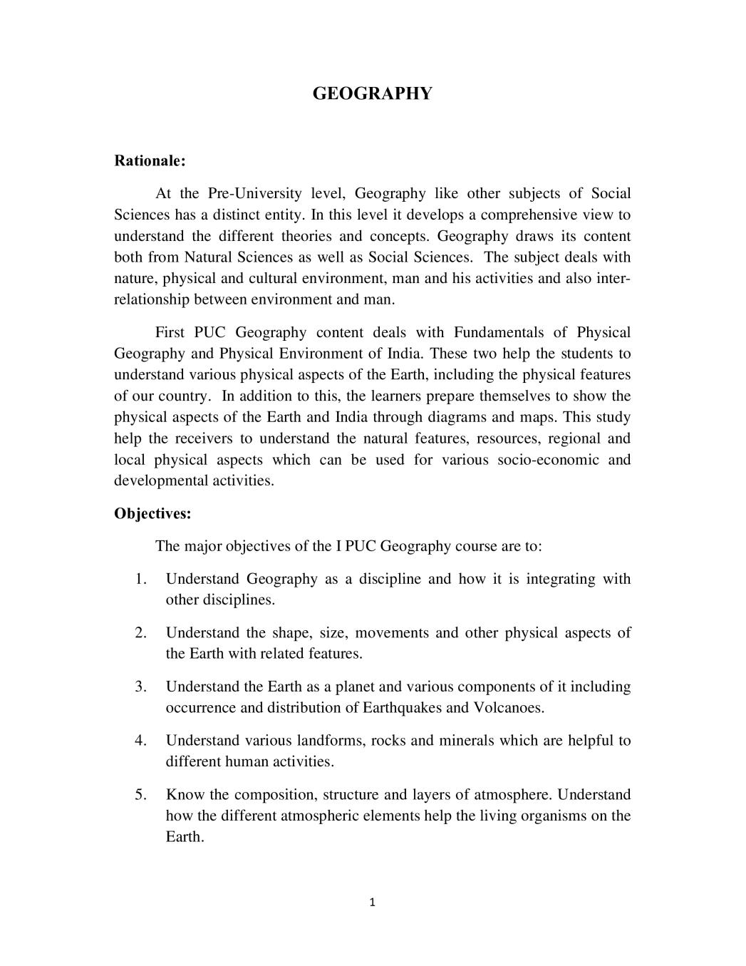 1st PUC Syllabus for Geography - Page 1