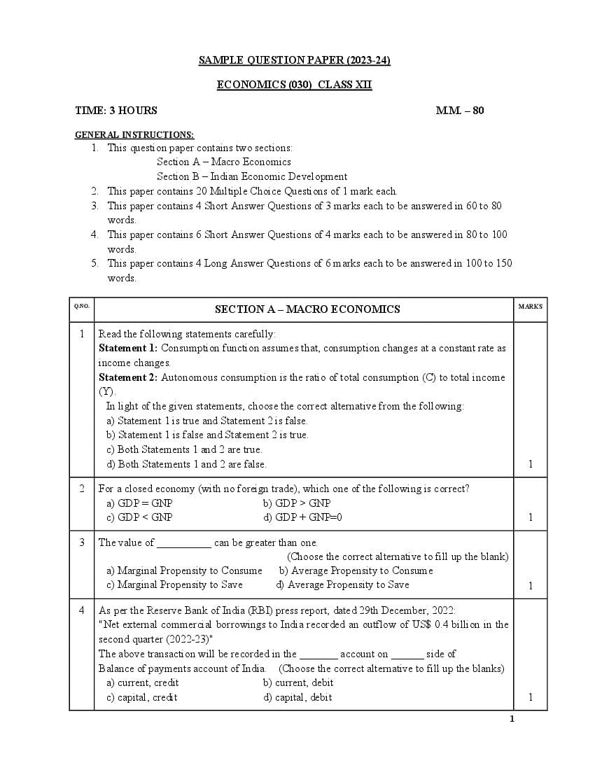 CBSE Class 12 Economics Sample Paper 2024 (PDF with Solutions