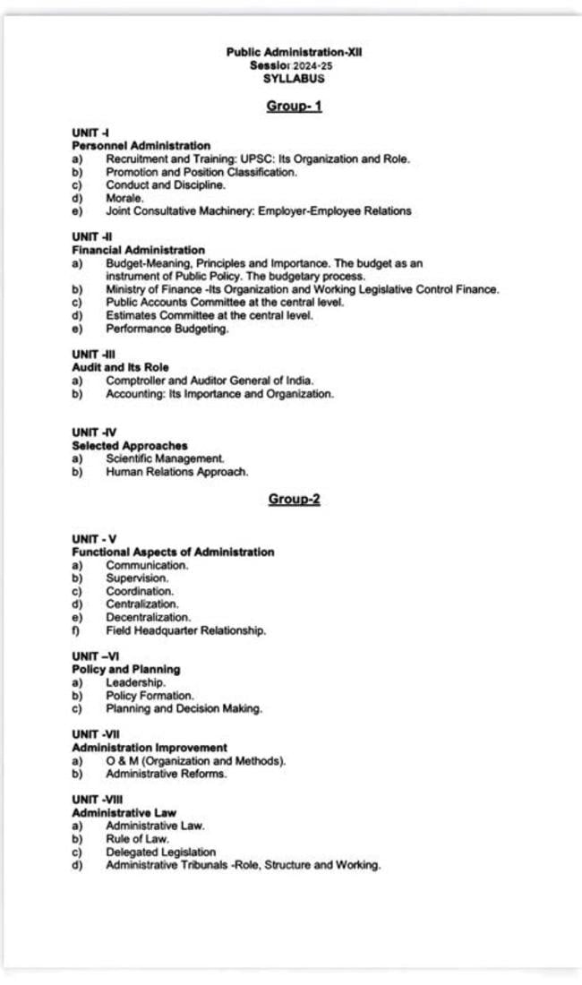 PSEB 12th Class Syllabus 2025 Public Administration - Page 1