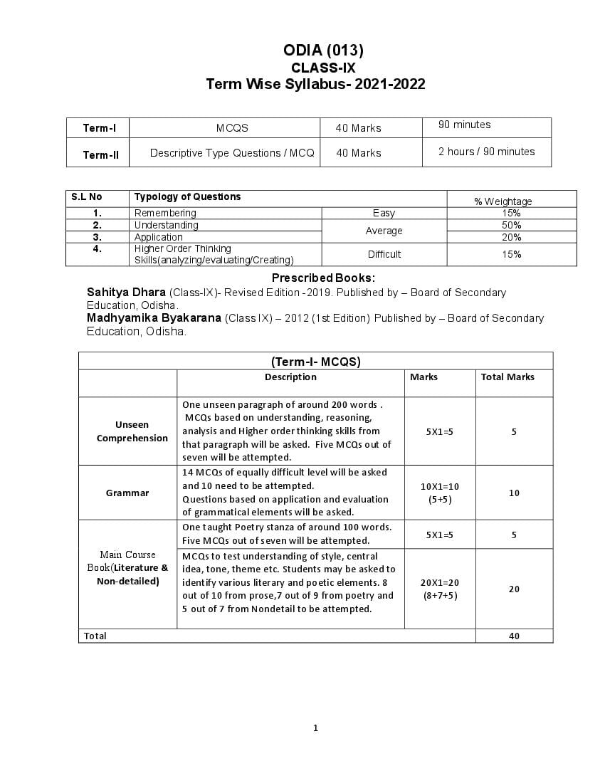 CBSE Class 10 Term Wise Syllabus 2021-22 Odia - Page 1