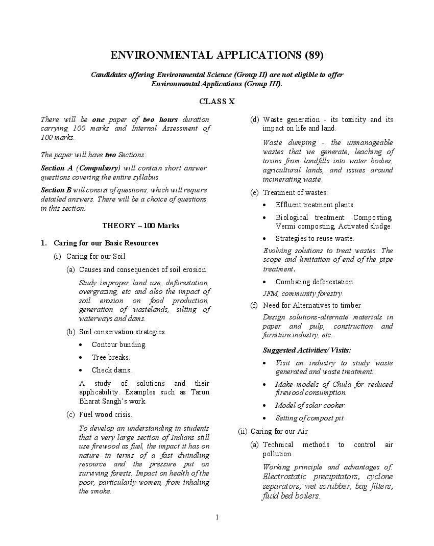ICSE Class 10 Syllabus 2022 Environmental Applications - Page 1