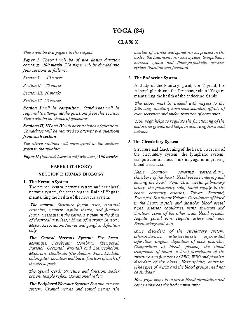 ICSE Class 10 Syllabus 2022 Yoga - Page 1