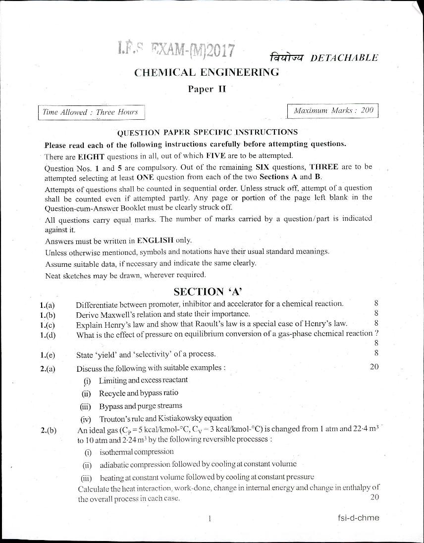 UPSC IFS 2017 Question Paper for Chemical Engineering Paper-II - Page 1