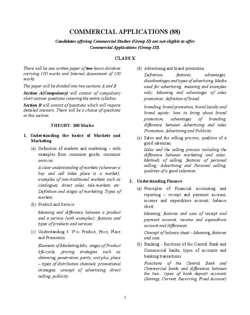 ICSE Class 10 Syllabus 2022 Commercial Applications - Page 1