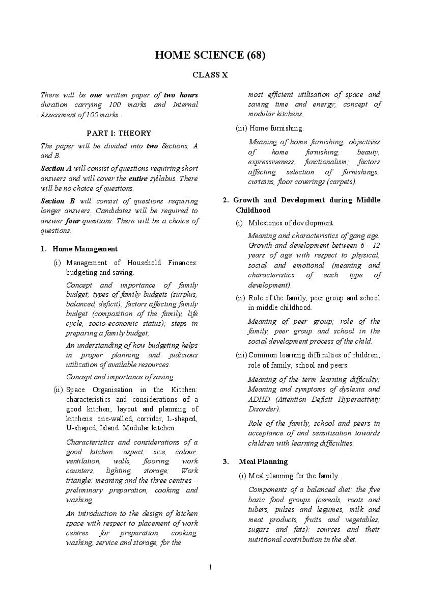 ICSE Class 10 Syllabus 2022 Home Science - Page 1