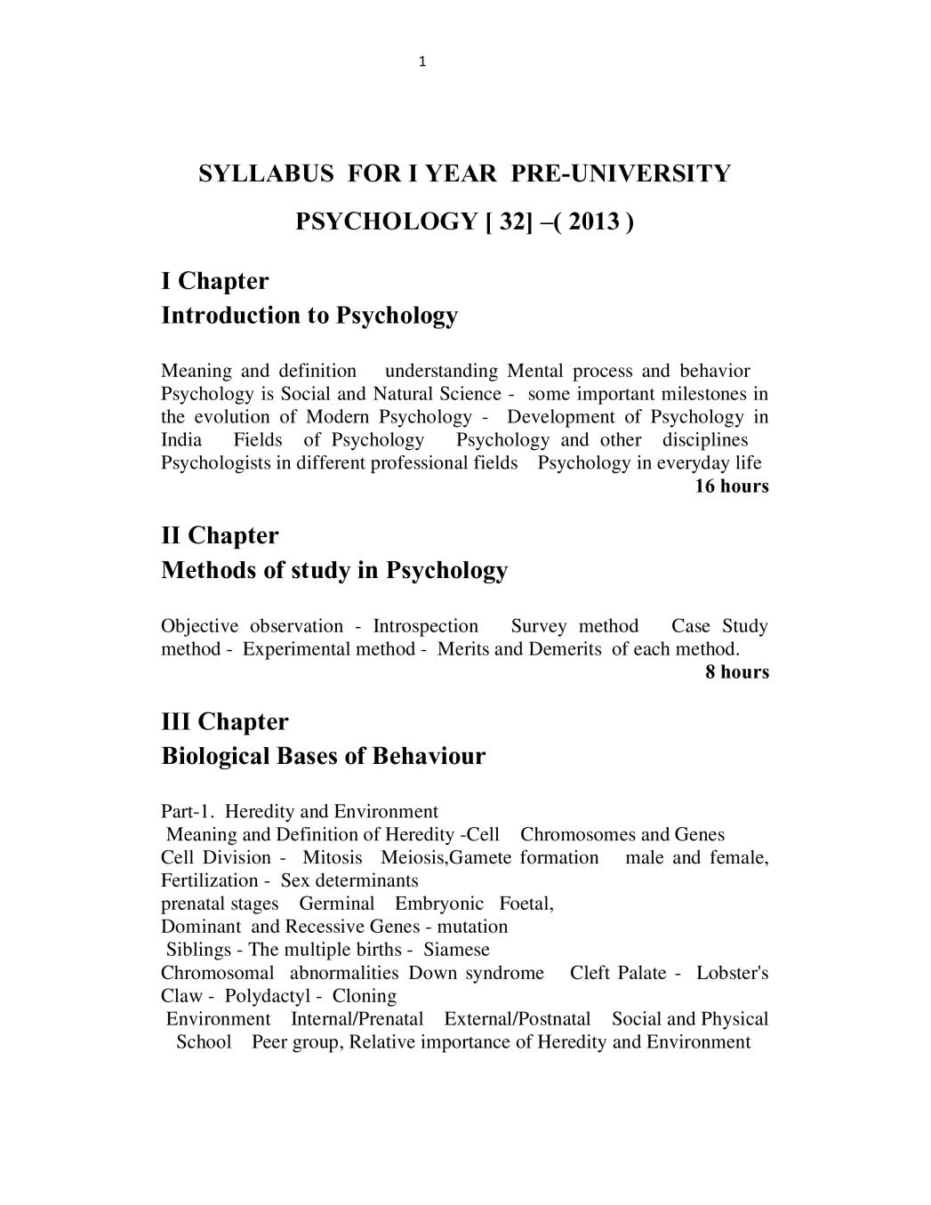 1st PUC Syllabus for Psychology - Page 1