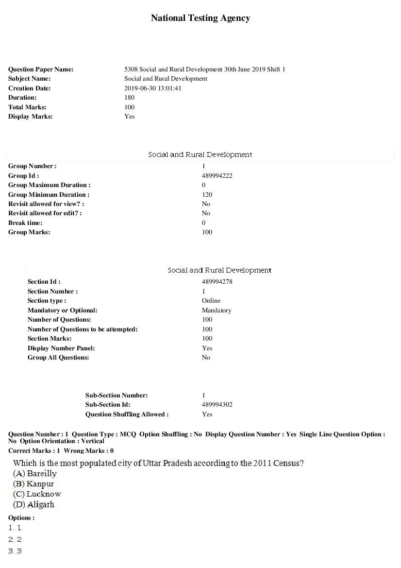 ARPIT 2019 Question Paper for Social and Rural Development Shift 1 - Page 1 of 33