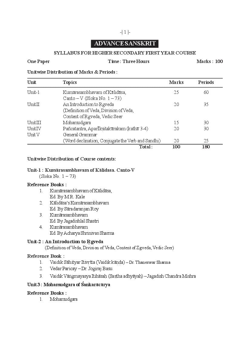 AHSEC 1st Year Syllabus Advance Sanskrit - Page 1
