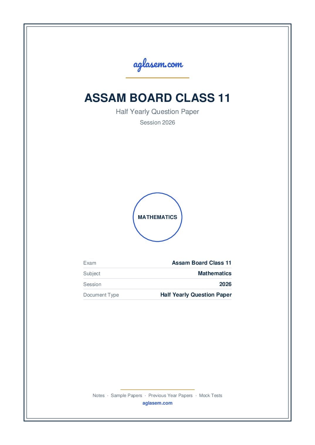Assam Board Class 11 Half Yearly Question Paper 2026 Mathematics - Page 1 of 8