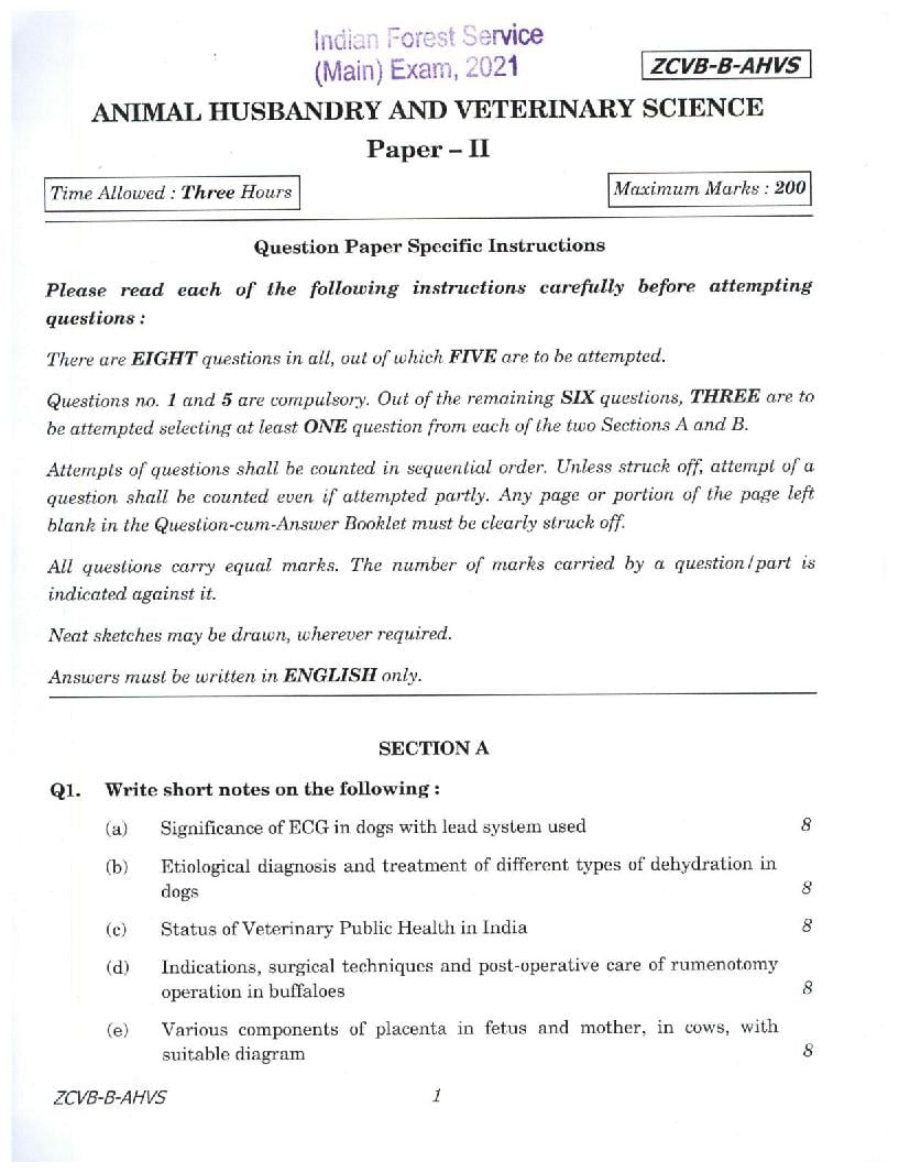 UPSC IFS 2021 Question Paper for Animal Husbandry and Veterinary Science Paper II  - Page 1