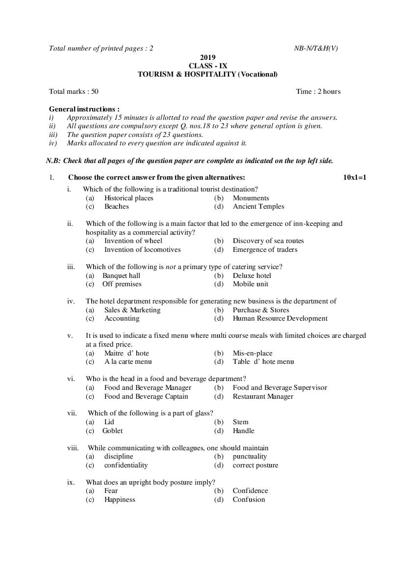 NBSE Class 9 Question Paper 2019 Tourism and Hospitality - Page 1