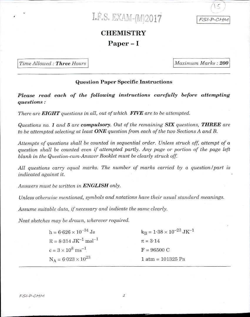 UPSC IFS 2017 Question Paper for Chemistry Paper-I - Page 1
