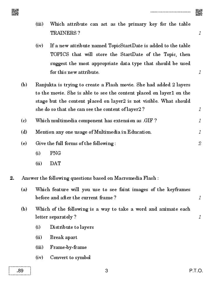 CBSE Question Paper 2020 for Class 12 Multimedia and Web Technology ...