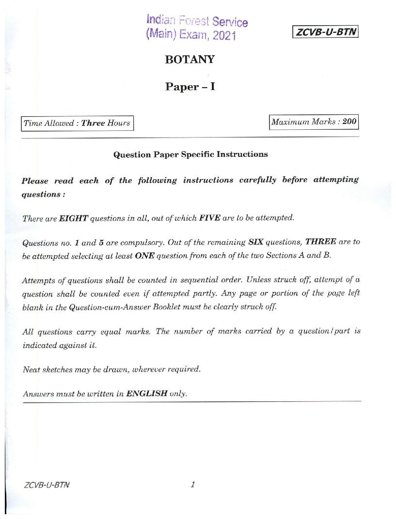 UPSC IFS 2021 Question Paper for Botany Paper I  - Page 1