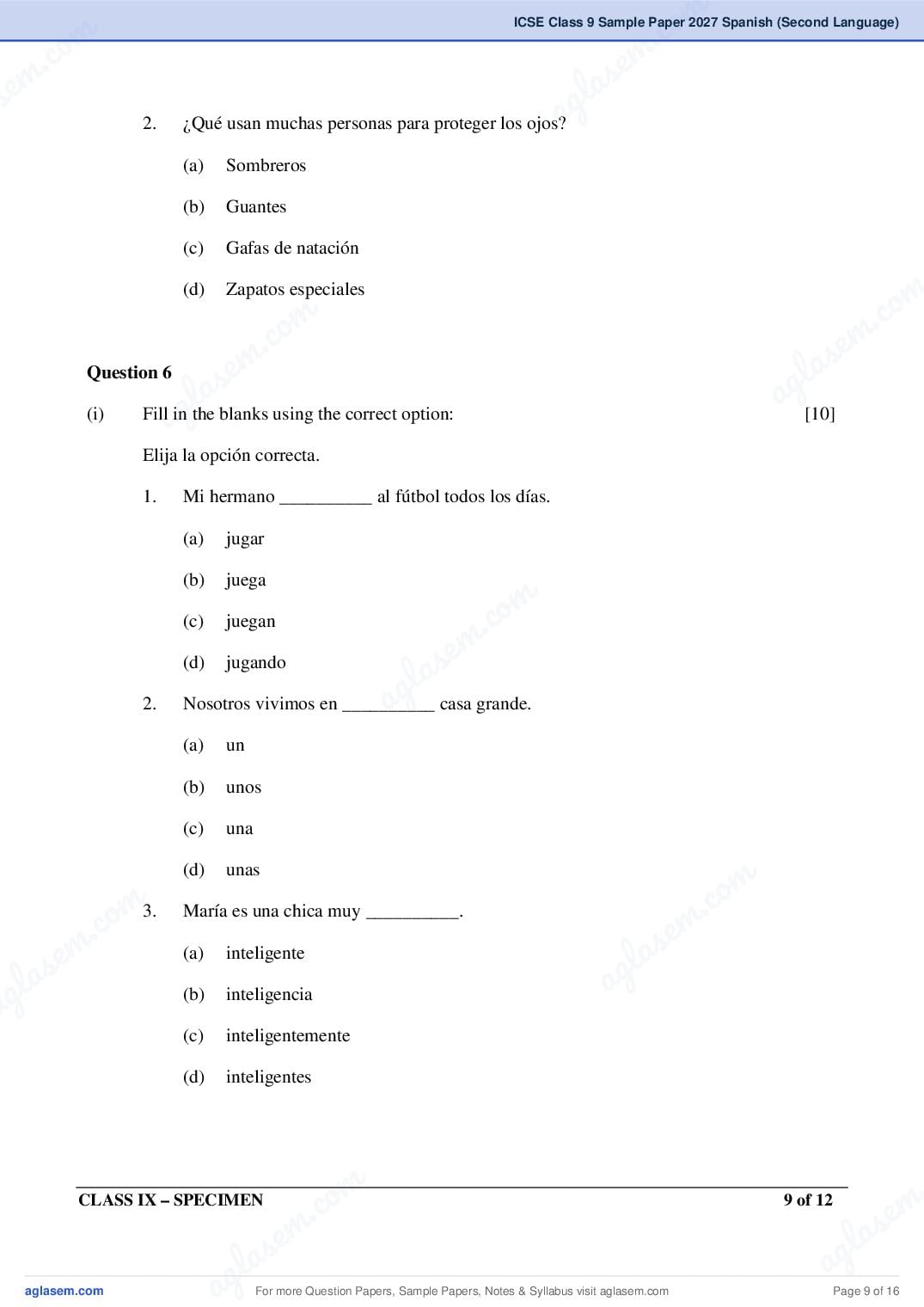 ICSE Class 9 Spanish (Second Language) Specimen Paper 2027 (PDF)
