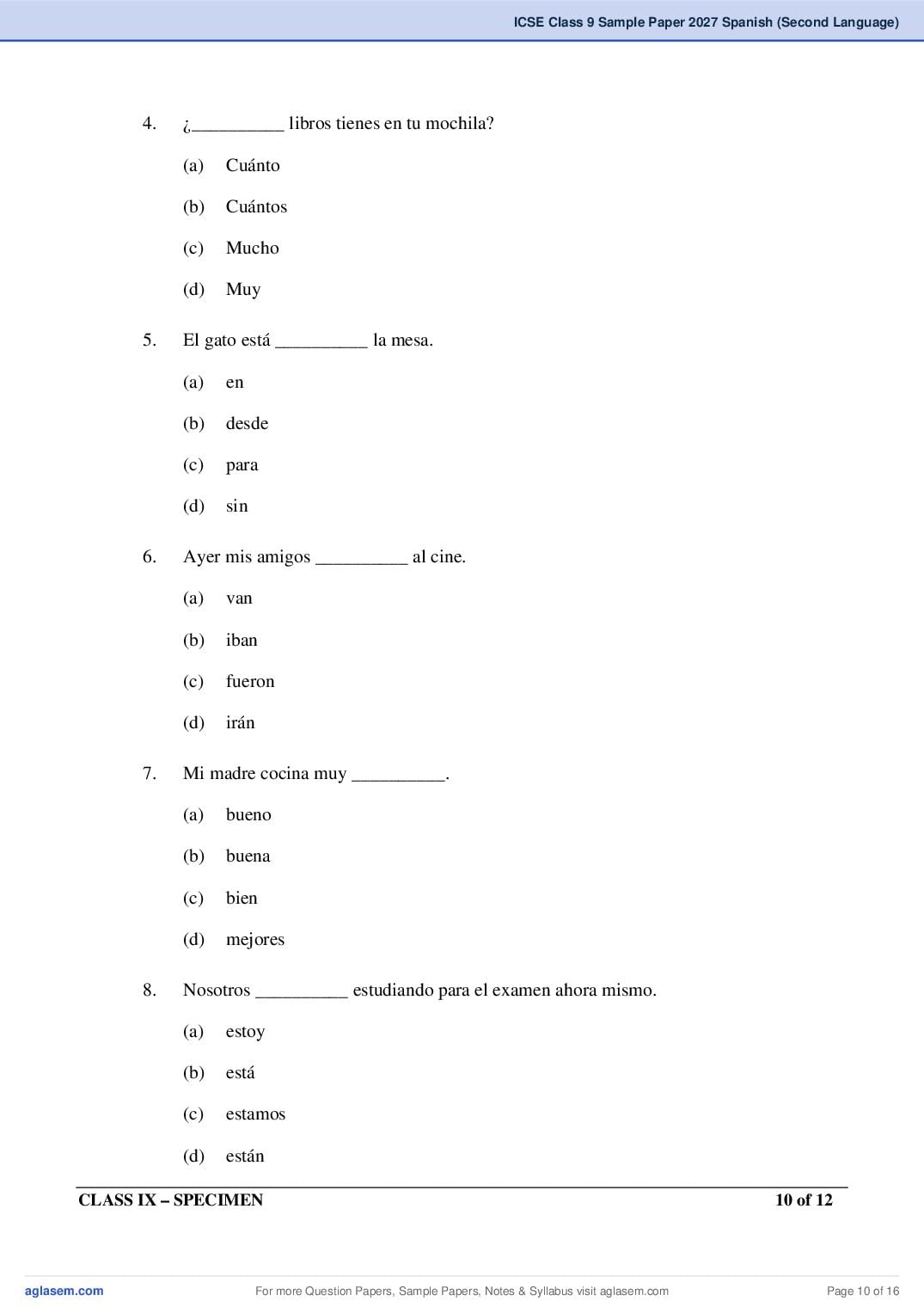 ICSE Class 9 Spanish (Second Language) Specimen Paper 2027 (PDF)