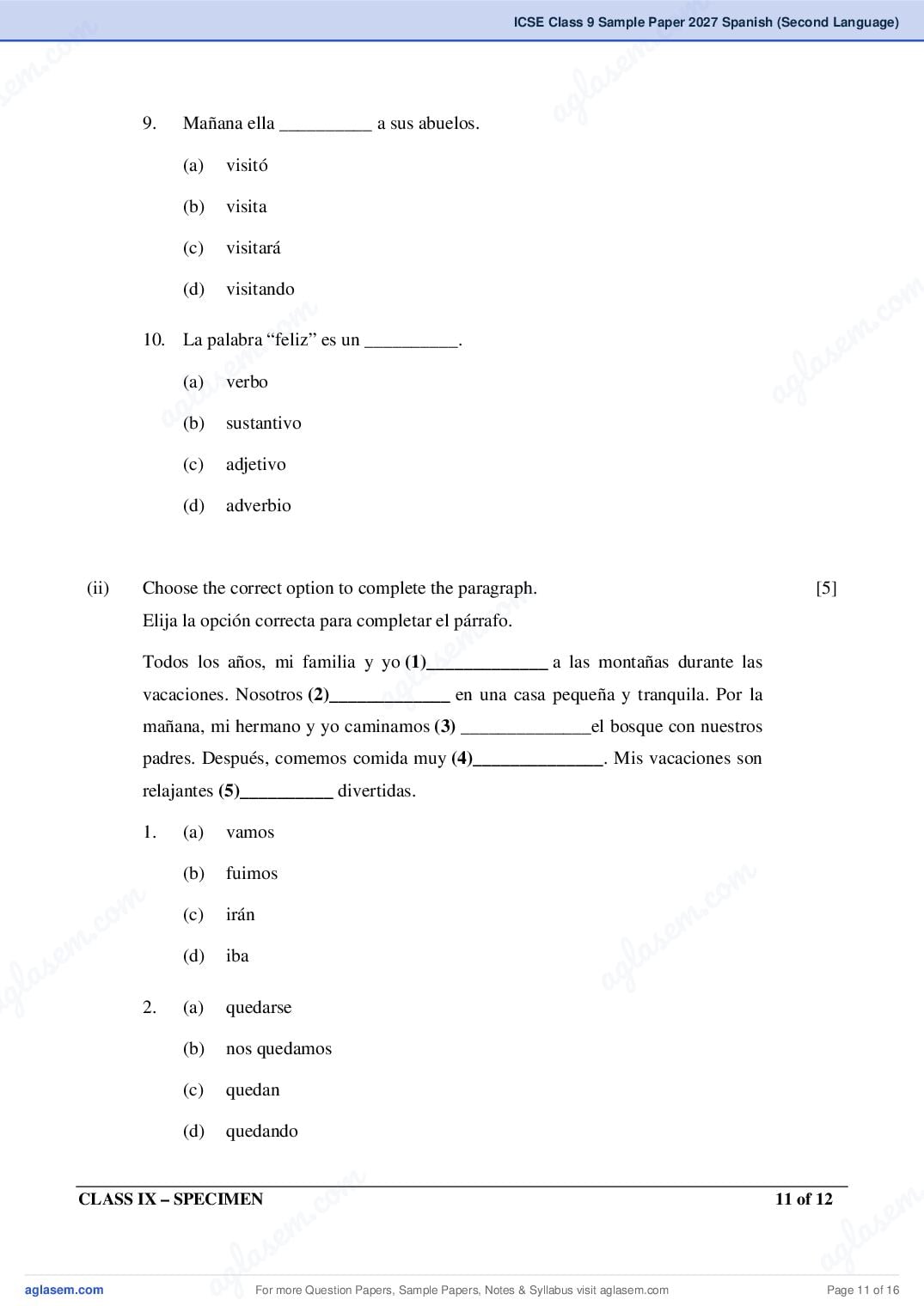 ICSE Class 9 Spanish (Second Language) Specimen Paper 2027 (PDF)