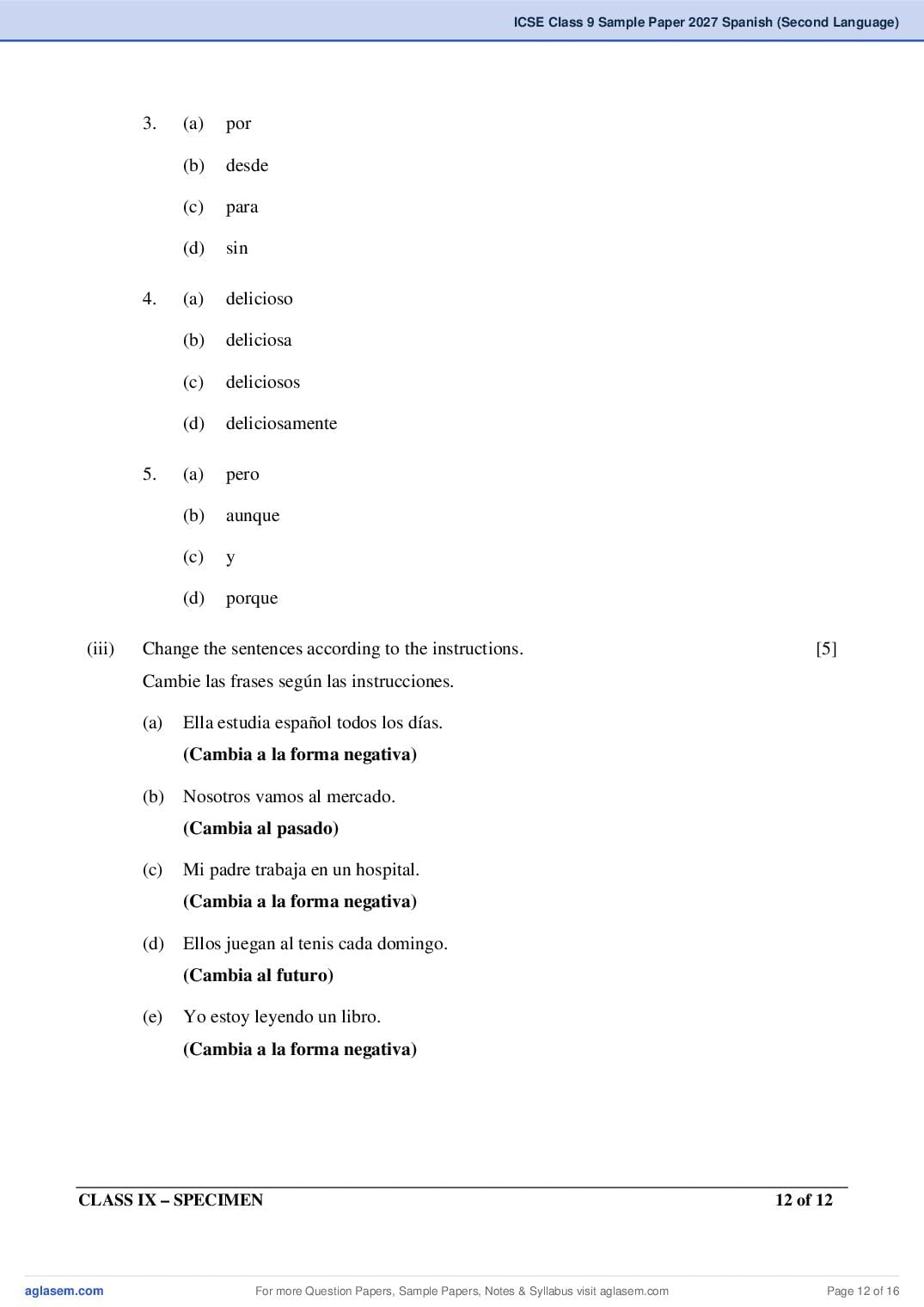 ICSE Class 9 Spanish (Second Language) Specimen Paper 2027 (PDF)