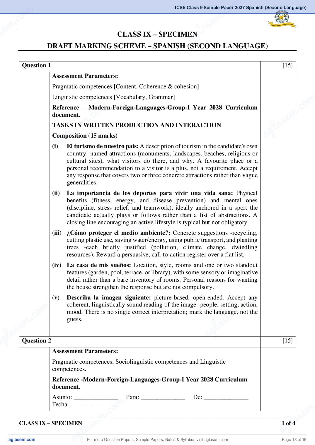 ICSE Class 9 Spanish (Second Language) Specimen Paper 2027 (PDF)
