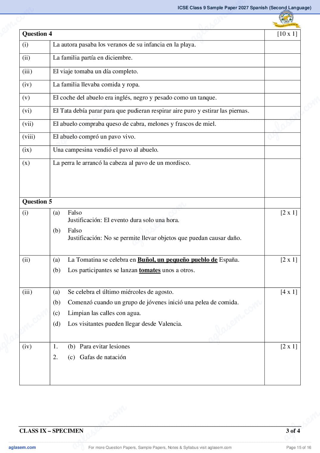 ICSE Class 9 Spanish (Second Language) Specimen Paper 2027 (PDF)