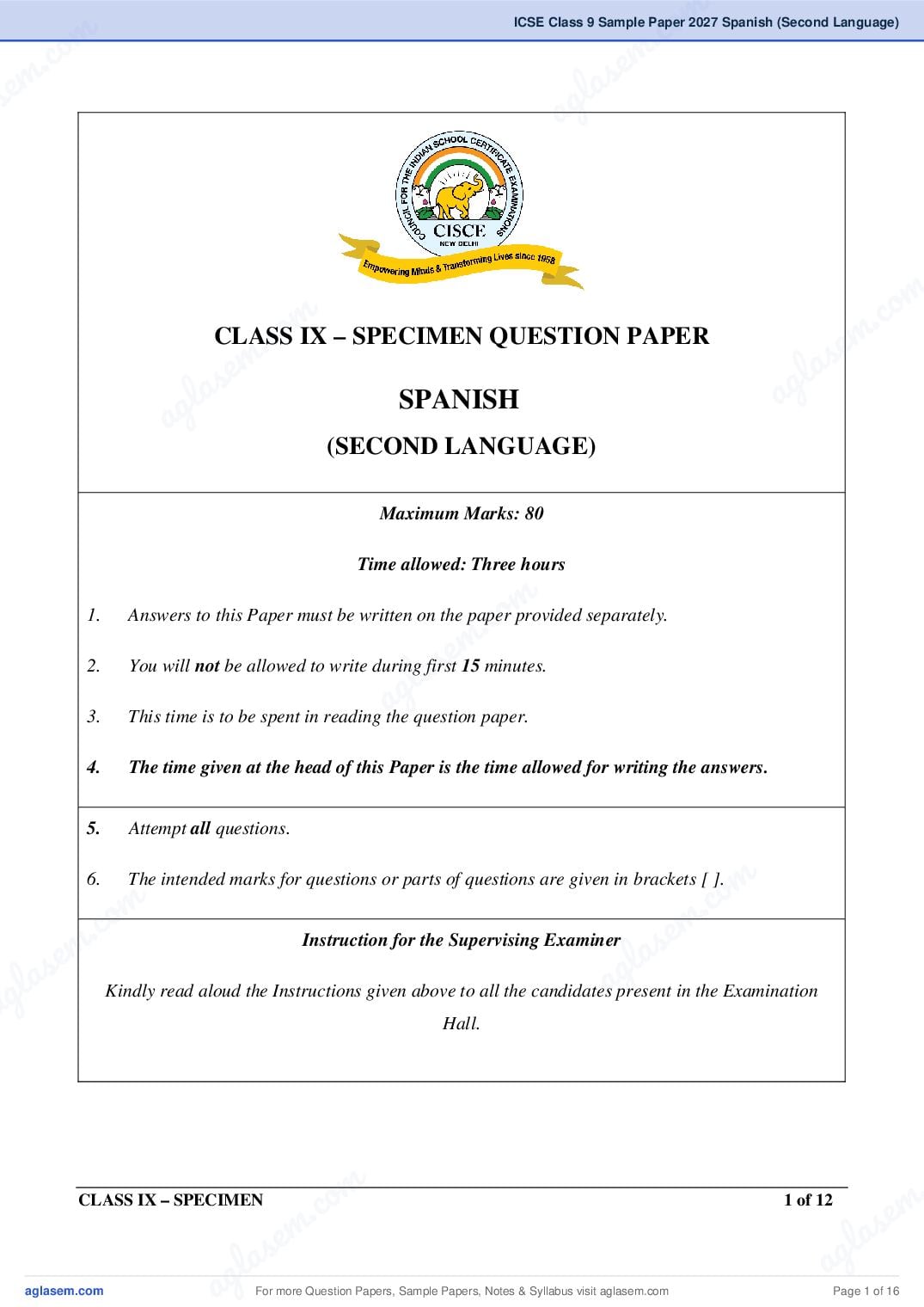 ICSE Class 9 Spanish (Second Language) Specimen Paper 2027 (PDF)
