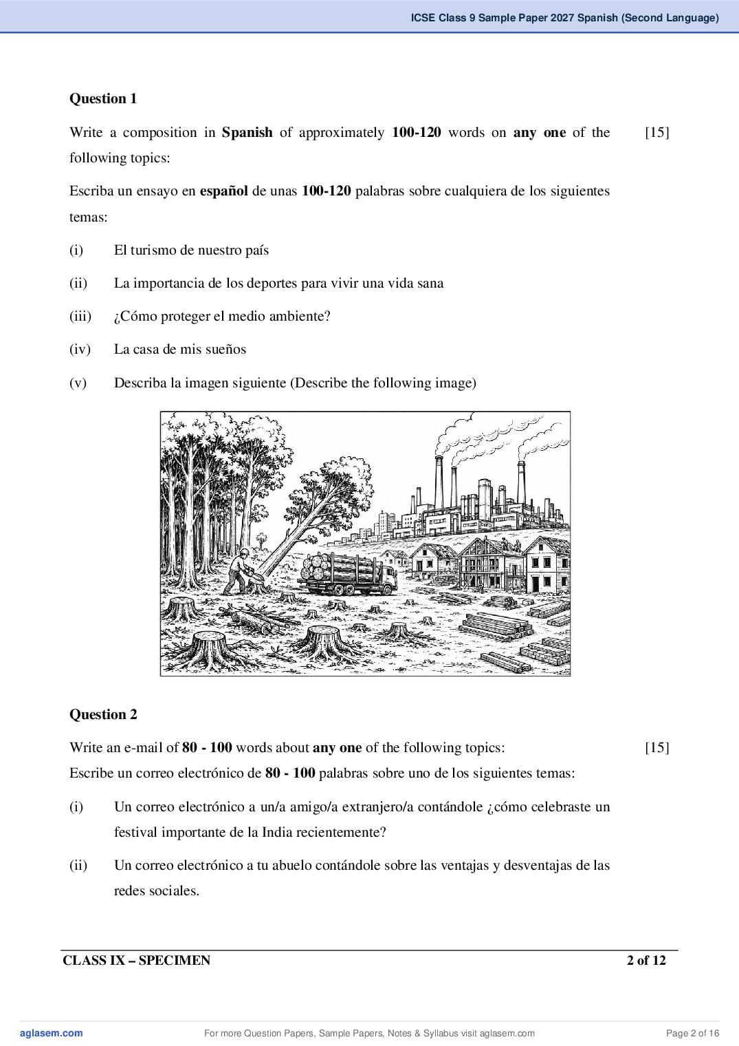 ICSE Class 9 Spanish (Second Language) Specimen Paper 2027 (PDF)