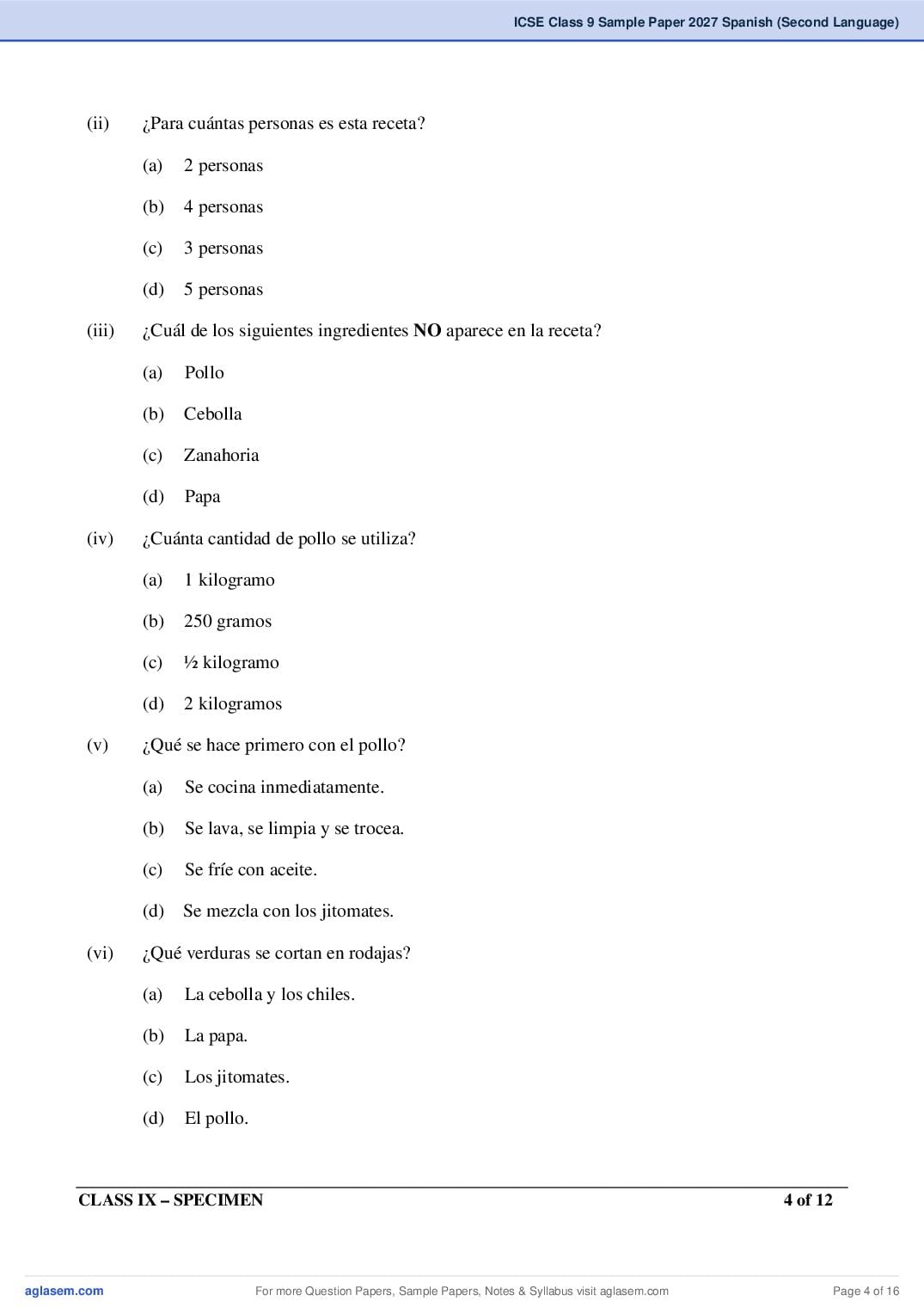 ICSE Class 9 Spanish (Second Language) Specimen Paper 2027 (PDF)