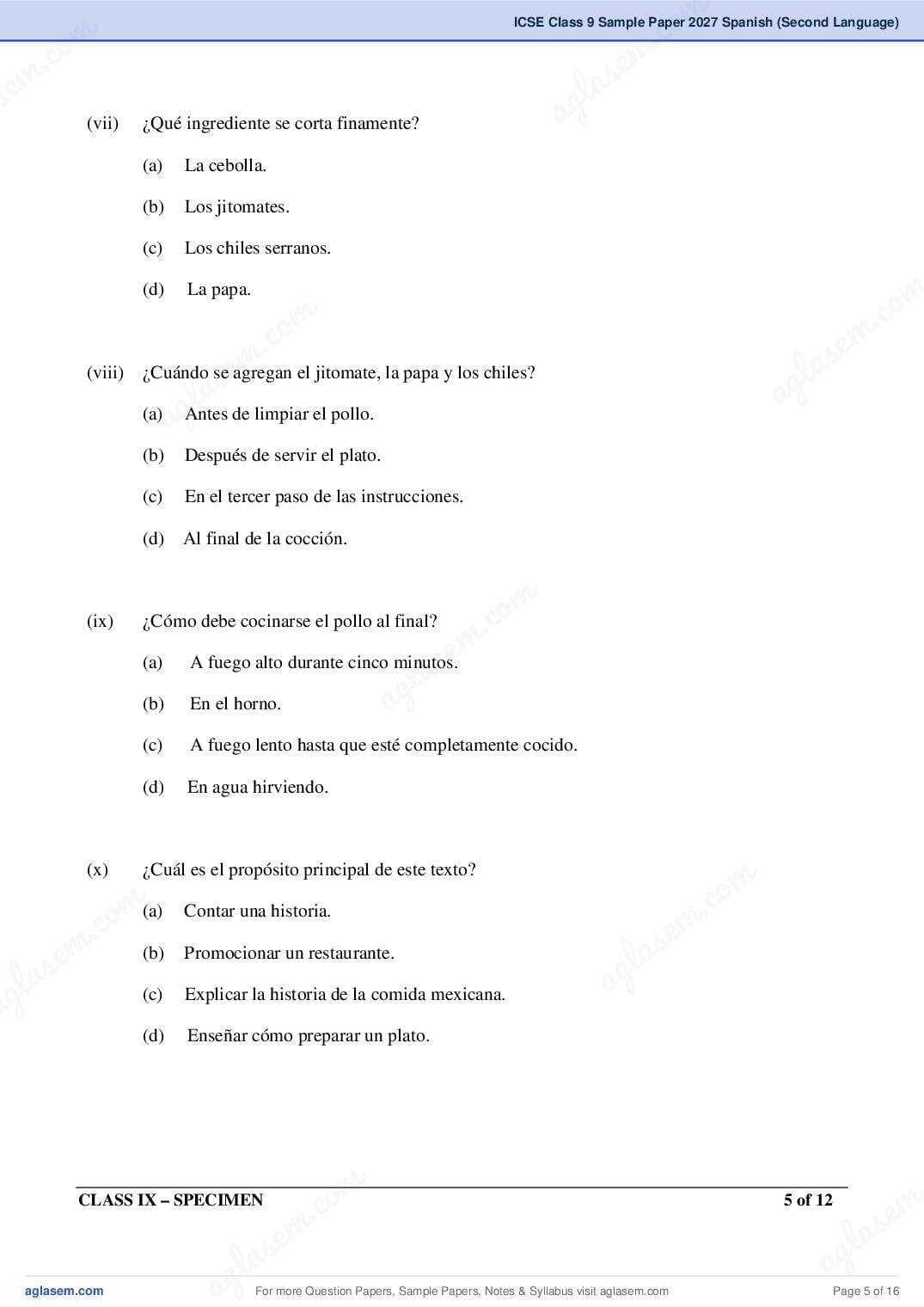 ICSE Class 9 Spanish (Second Language) Specimen Paper 2027 (PDF)