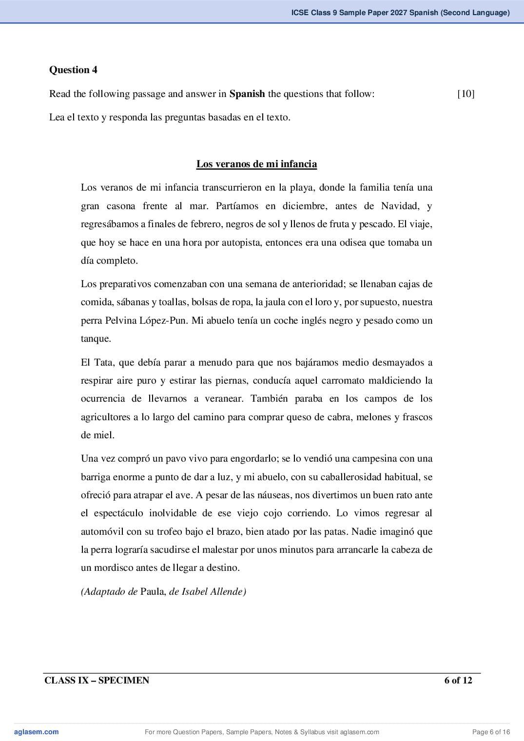 ICSE Class 9 Spanish (Second Language) Specimen Paper 2027 (PDF)