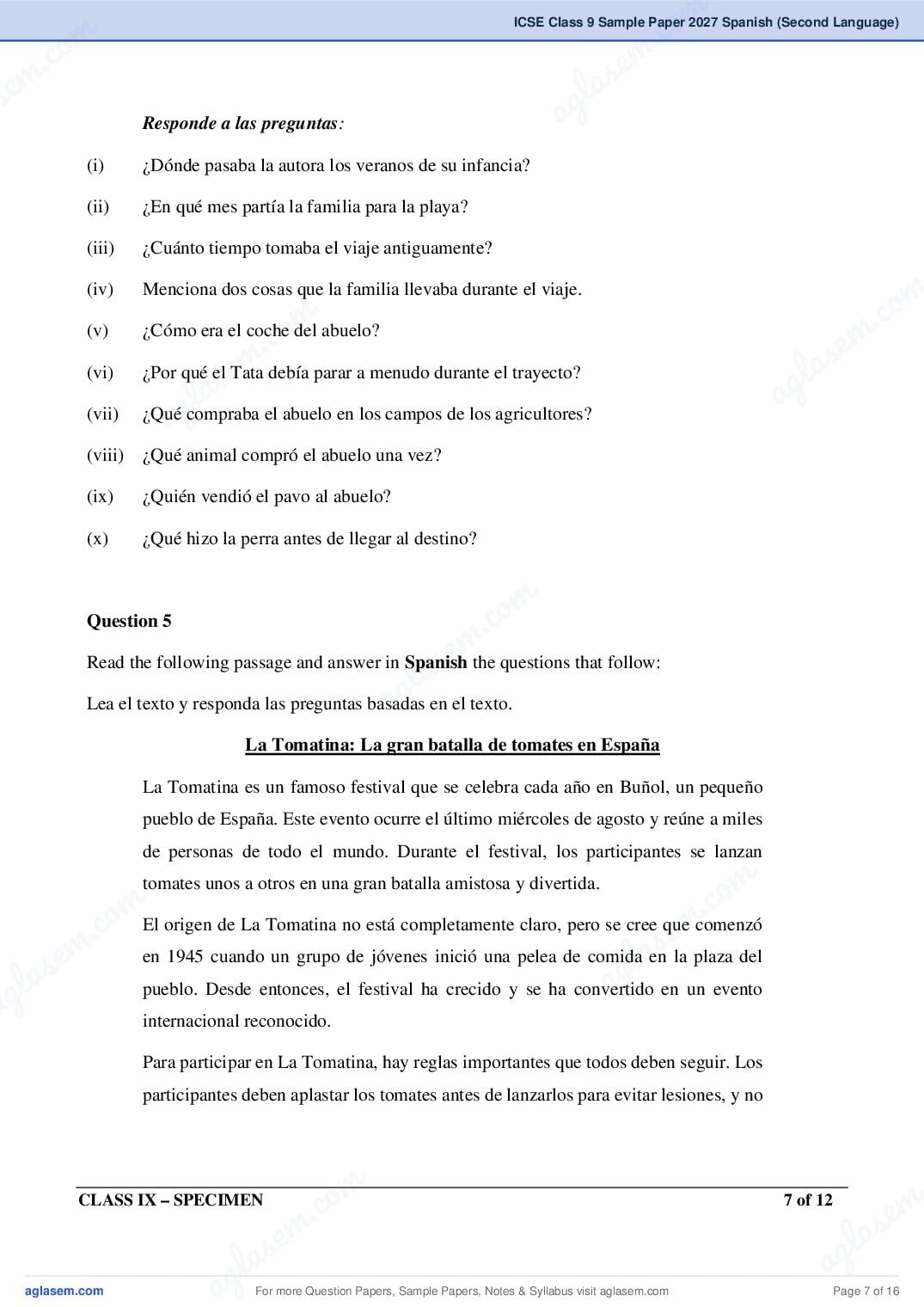 ICSE Class 9 Spanish (Second Language) Specimen Paper 2027 (PDF)