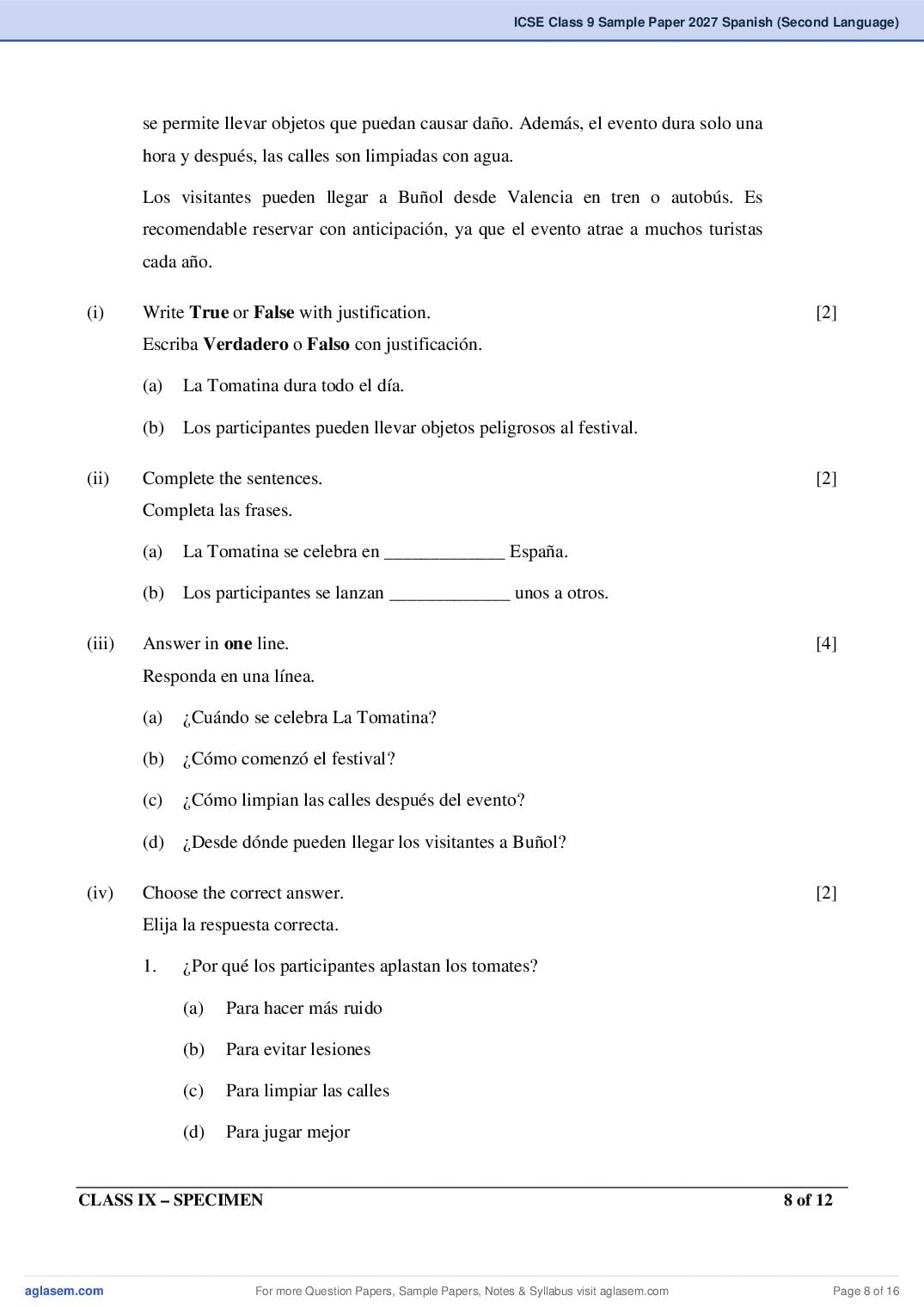 ICSE Class 9 Spanish (Second Language) Specimen Paper 2027 (PDF)