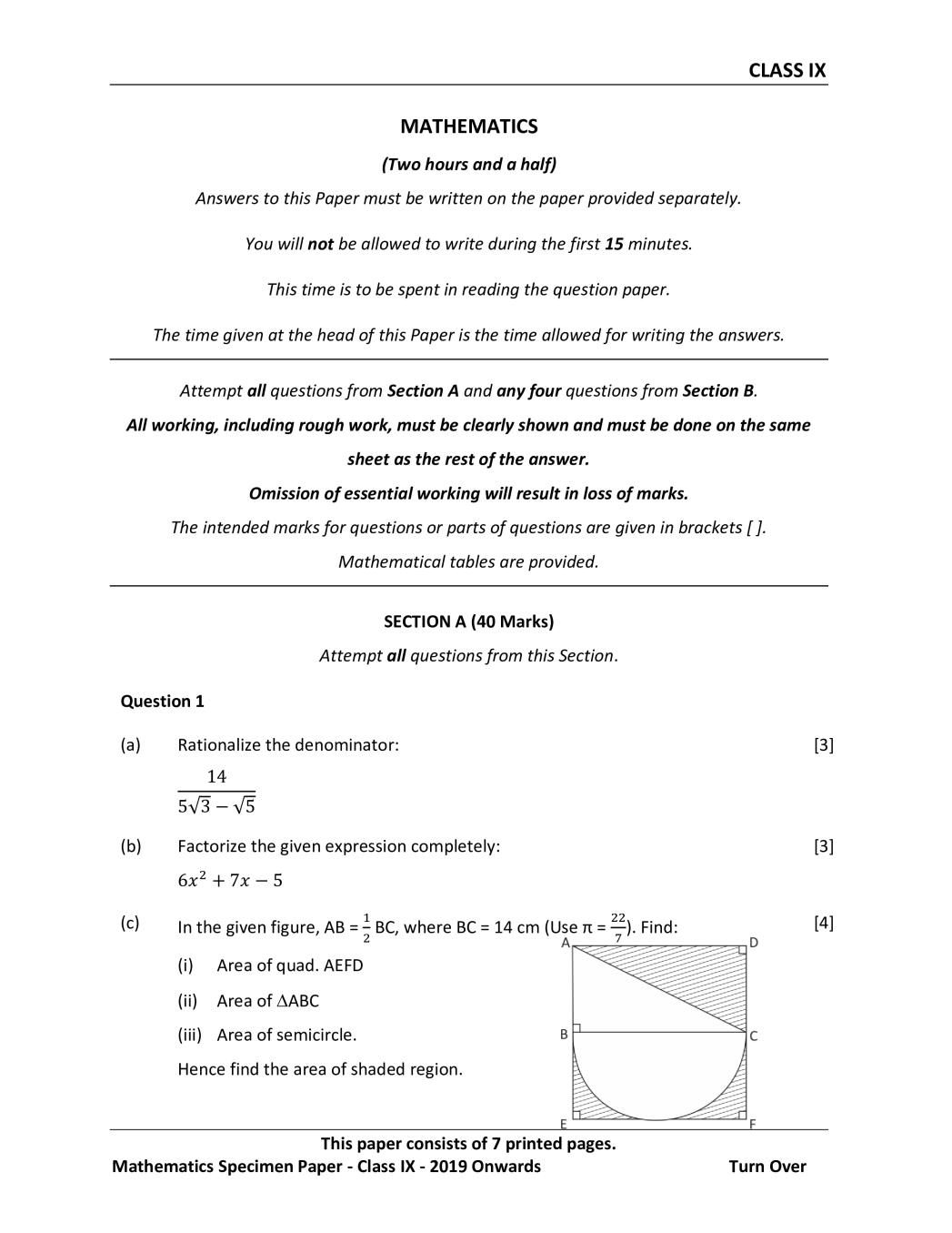 ICSE Class 9 Specimen Paper for Mathematics - Page 1