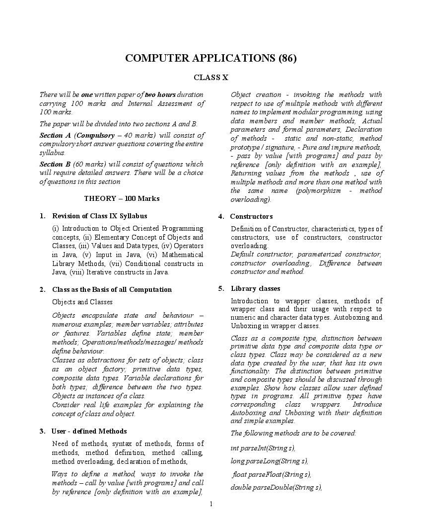 ICSE Class 10 Syllabus 2022 Computer Applications - Page 1