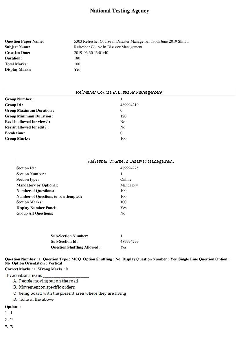 ARPIT 2019 Question Paper for Refresher Course in Disaster Management - Page 1 of 30