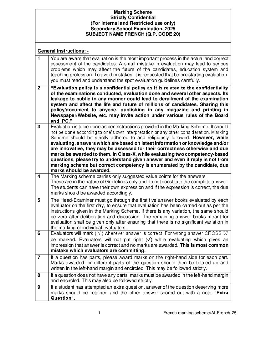 CBSE Class 10 Question Paper 2025 Solution French - Page 1