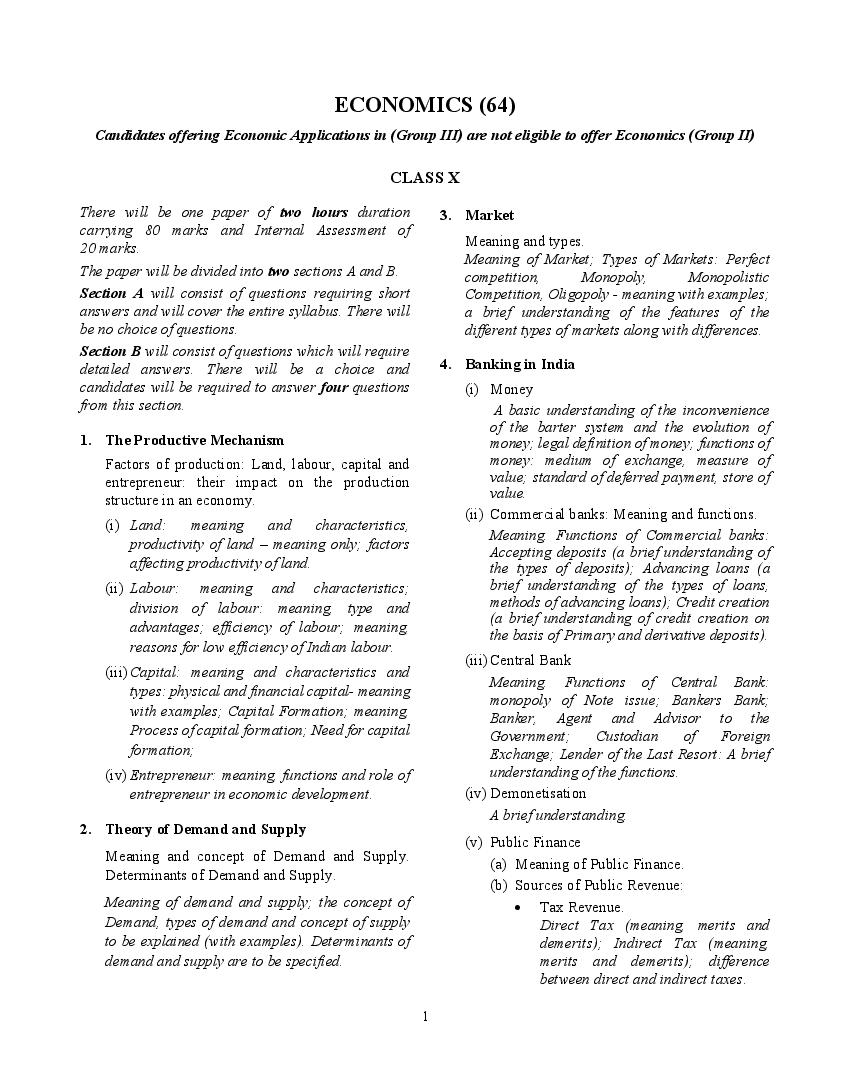ICSE Class 10 Syllabus 2022 Economics - Page 1
