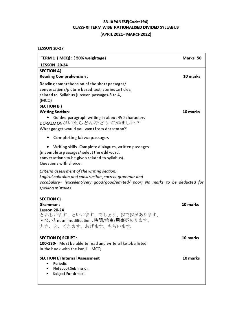 CBSE Class 12 Term Wise Syllabus 2021-22 Japanese - Page 1