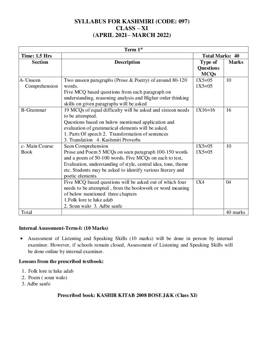 CBSE Class 12 Term Wise Syllabus 2021-22 Kashmiri - Page 1