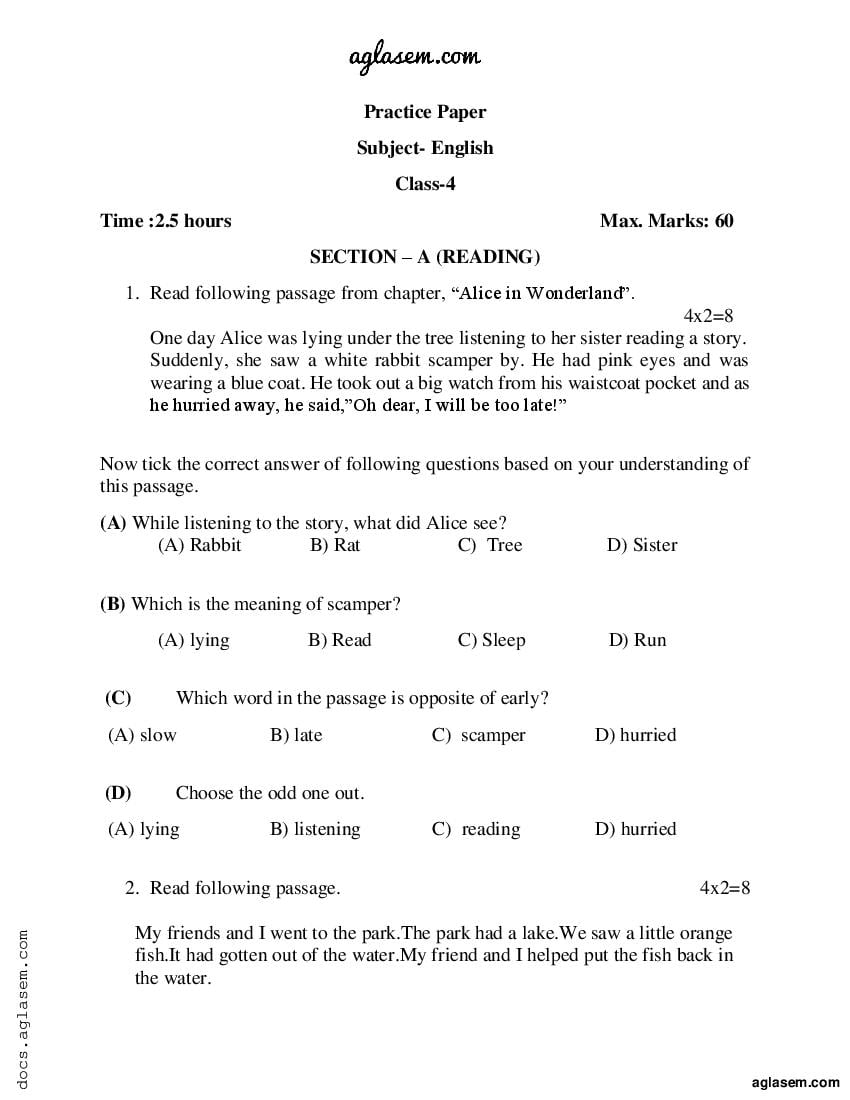 Class 4 English Sample Paper 2024 PDF Annual Exam Model Question   1 