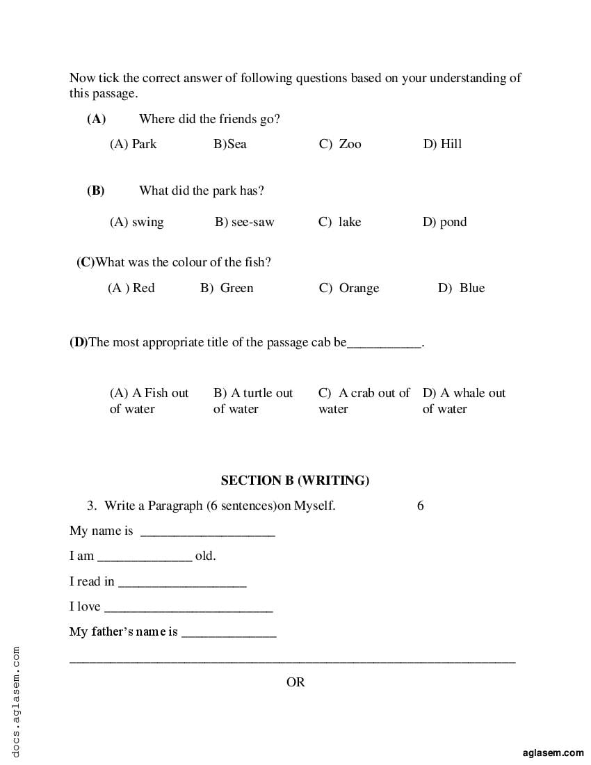 Class 4 English Sample Paper 2024 PDF Annual Exam Model Question