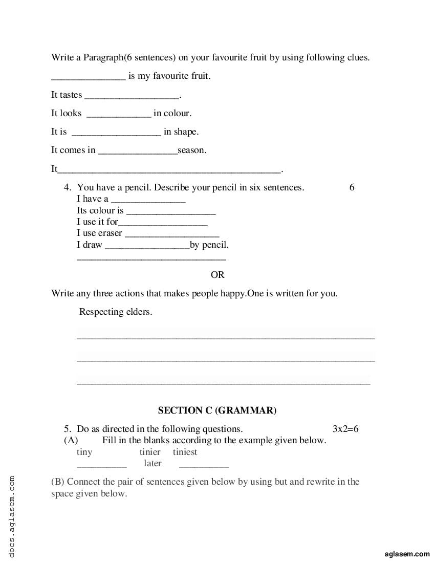 english grammar question paper for class 4 pdf