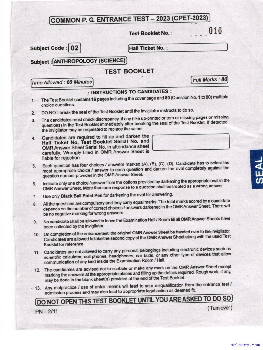 Odisha CPET 2023 Question Paper Anthropology Science - Page 1 of 16