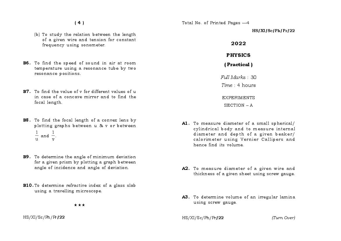 MBOSE Class 11 Question Paper 2022 for Physics (Practical) - Page 1