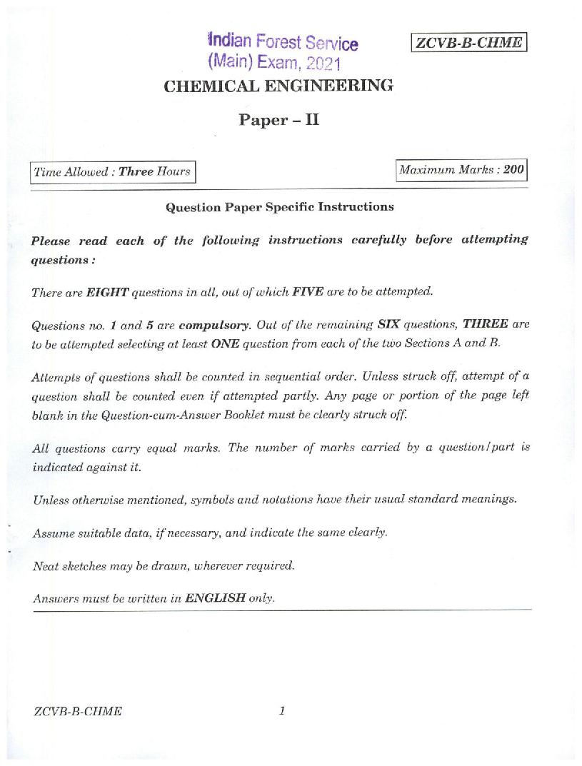 UPSC IFS 2021 Question Paper for Chemical Engineering Paper II  - Page 1