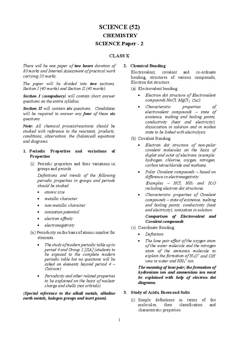ICSE Class 10 Syllabus 2022 Chemistry - Page 1