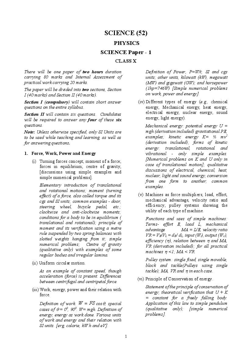 ICSE Class 10 Syllabus 2022 Physics - Page 1