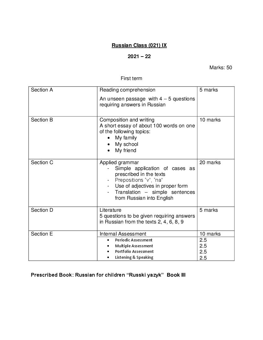 CBSE Class 10 Term Wise Syllabus 2021-22 Russian - Page 1