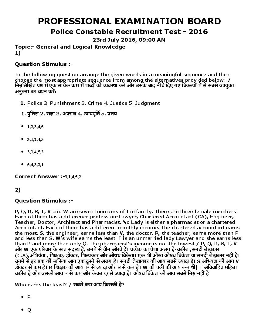 MP Police Constable 2016 Question Paper 23 Jul Shift 1 - Page 1